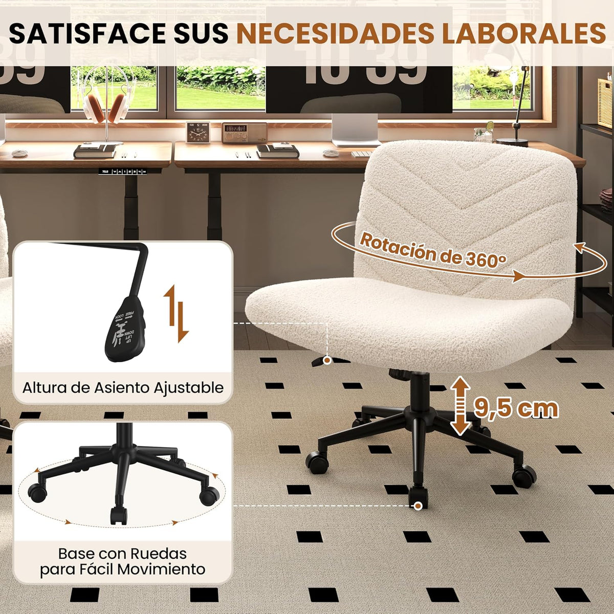 Chaise de bureau Yaheetech à roulettes et à large assise 66 × 65 × 92 cm, blanc ivoire