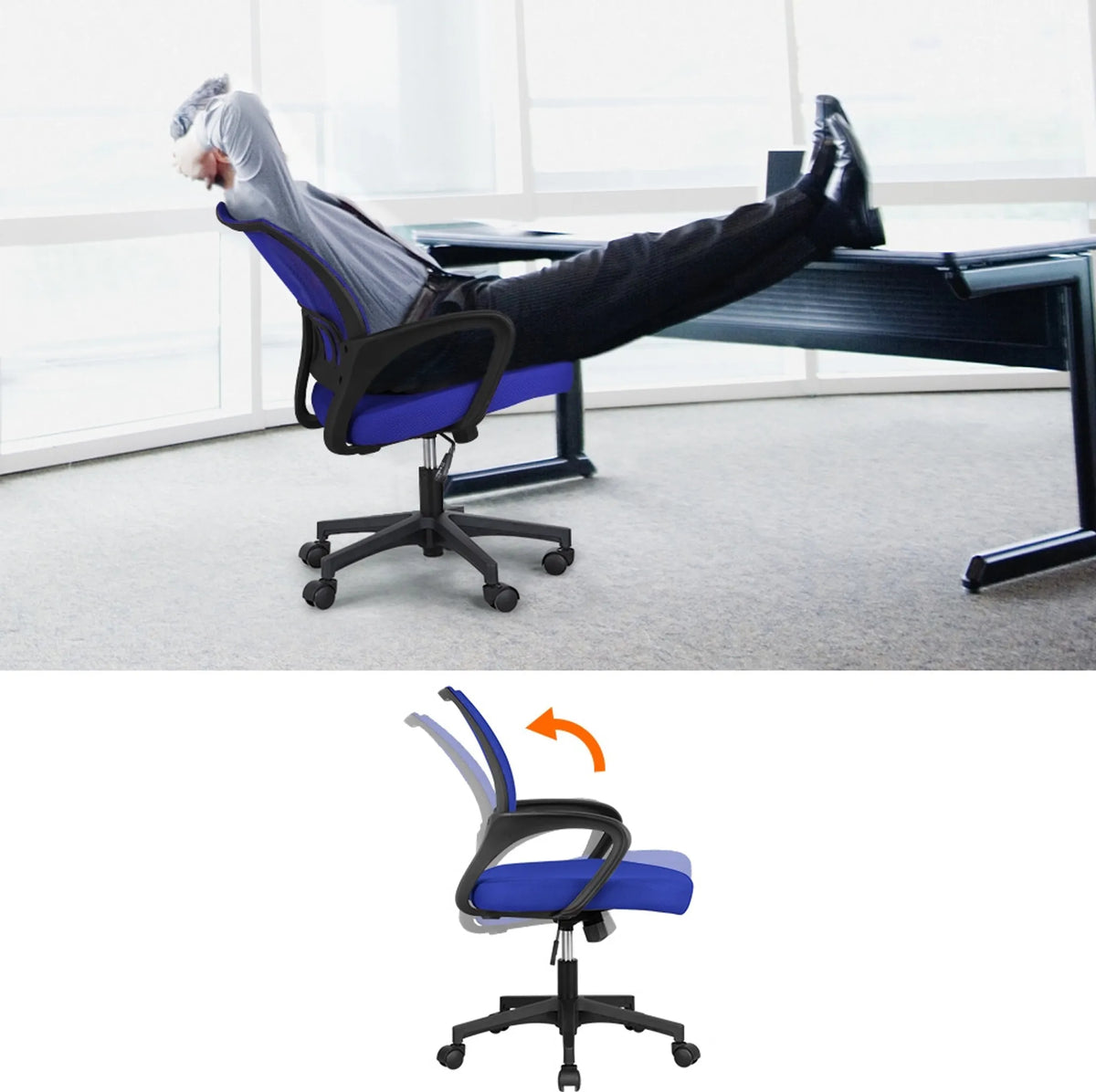 Chaise de bureau ergonomique Yaheetech - équipée d'un tissu en maille respirant, d'une fonction de basculement et d'un siège large - pour le bureau et l'étude - Nylon bleu et acier - 60,5 x 60 x 87-97 cm