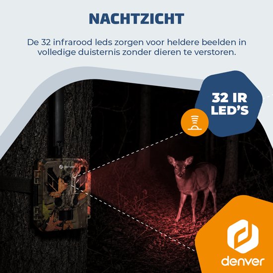 Caméra de surveillance Denver avec vision nocturne et connexion 4G - Diffusion en direct - Vidéo 4K Ultra HD - 48 MP - Alimentation solaire - Application TrailCam Go - WSL8050