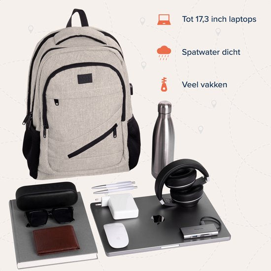 TRVLMORE Sac à dos à vie - Sac à dos avec compartiment pour ordinateur portable 17 pouces - Cartable - Résistant aux éclaboussures - Hommes et femmes - Garçons et filles - 36L - Champagne