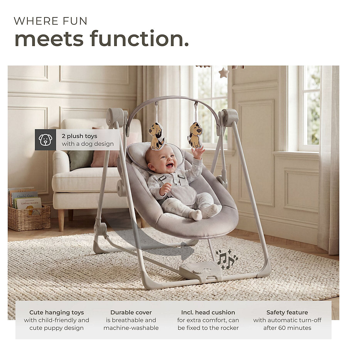 Balançoire pour bébé Tectake 75,5 x 56 x 68 cm - 5 vitesses/minuterie - 4 sons - Gris clair