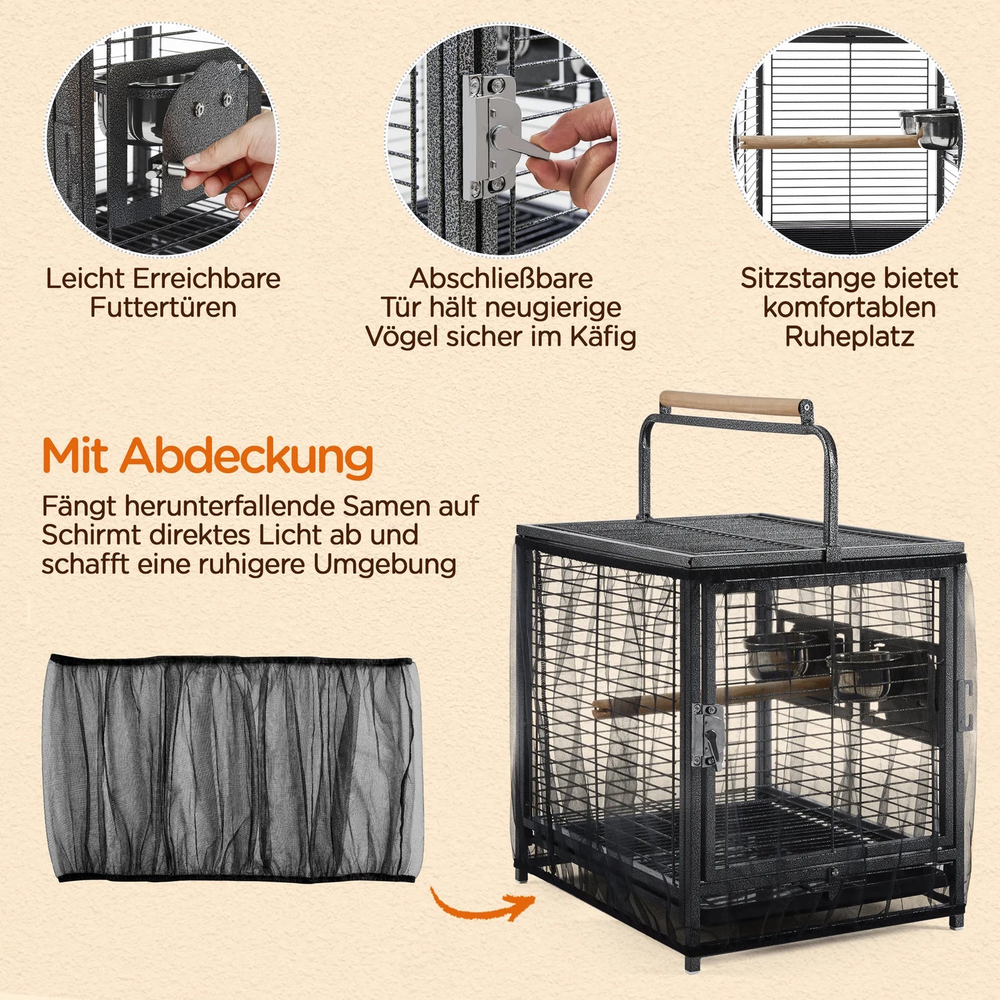 Yaheetech Cage à oiseaux avec poignée - Avec perchoirs en bois, revêtement hydrofuge et porte verrouillable - Pour canaris et perruches - Métal noir, plastique et bois - 48,5 x 39 x 65 cm