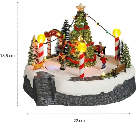 Luville Village de Noël avec scène de sapin et patinoire - Décoration de Noël avec figurines animées et éclairage LED - Guirlande à piles - Guirlandes de Noël d'intérieur - 22 x 22 x 18,5 cm - Blanc