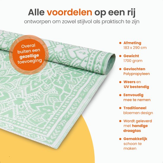Goliving Tapis d'extérieur Summer Flora - 183x290CM - Tapis de jardin - Tapis d'extérieur - Tapis - Tapis de jardin - Réversible - Sac de transport inclus - Vert/Blanc
