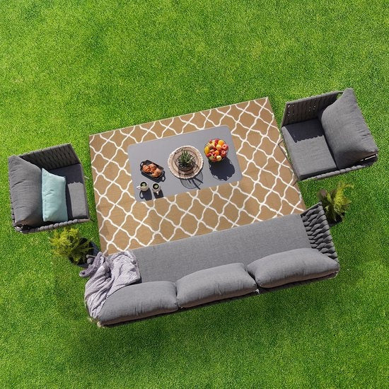 LifeGoods Tapis d'extérieur - 120x180CM - Tapis de jardin - Réversible - Sac de transport inclus - Avec motif - Beige/Blanc