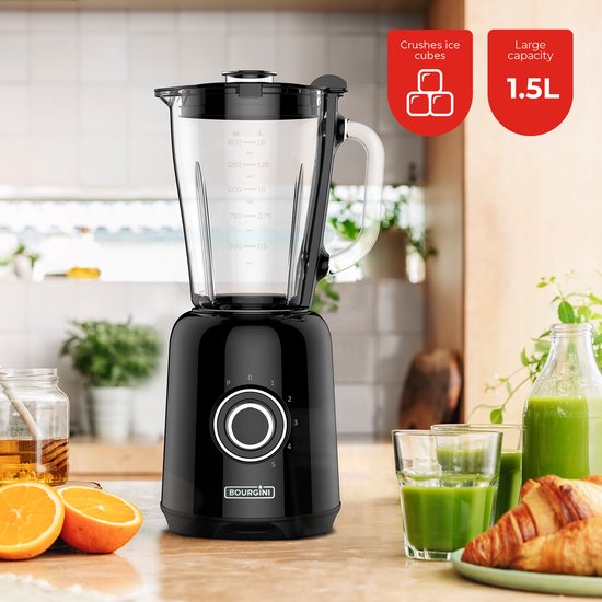 Mixeur Bourgini Retro - 5 vitesses et fonction pulse - 1,5 litre - Mixeur à smoothies - 500 watts - Noir