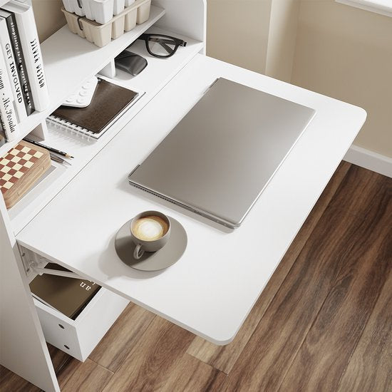 Table pliante murale SoBuy FWT105-II-W - Table pliante multifonctionnelle peu encombrante avec roulettes - Bureau pliant avec tiroir et étagères - Blanc