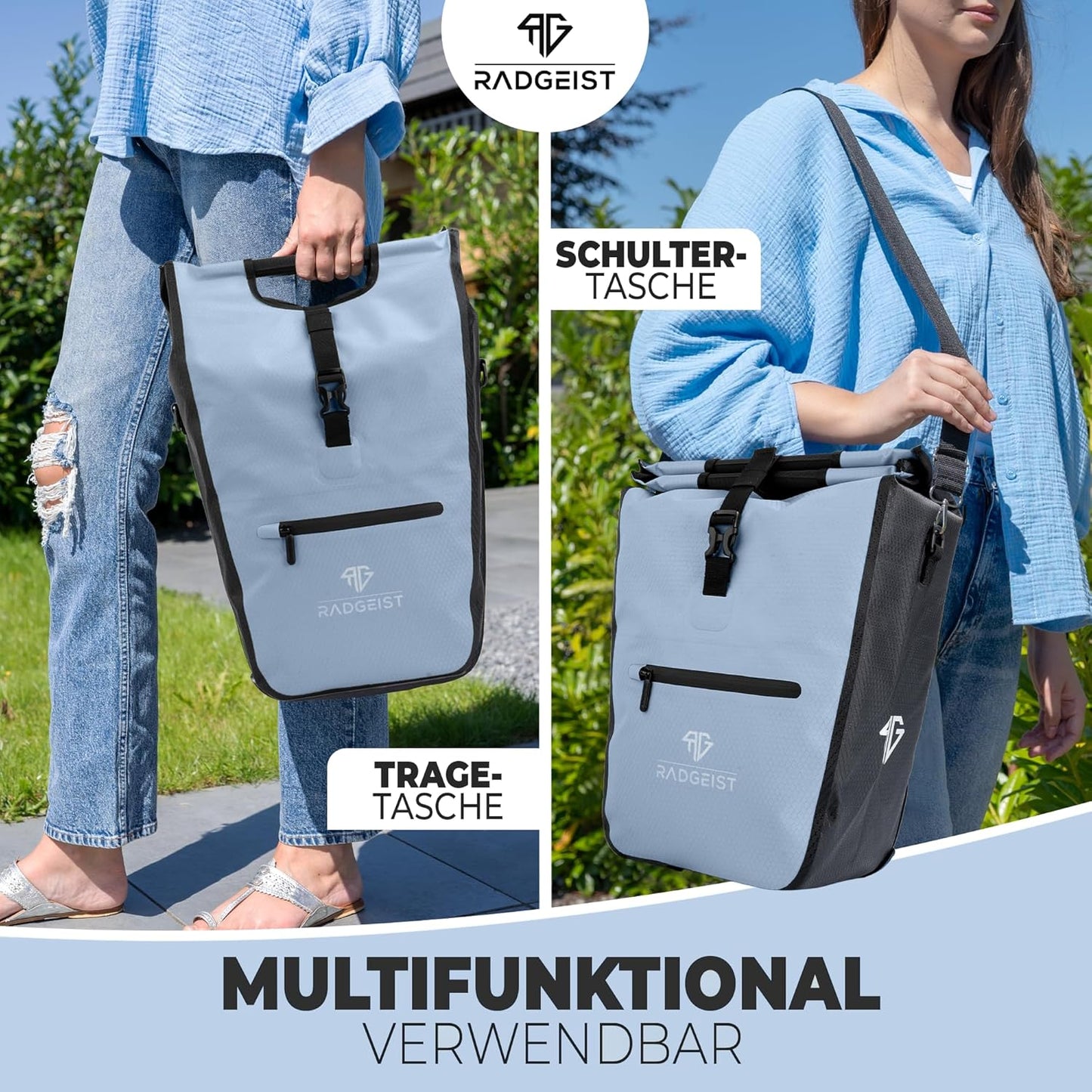 RADGEIST sacoche vélo pour porteur I sacoche vélo shopper avec sac isotherme amovible I sac shopping & sac shopping 22-28 litres - bleu