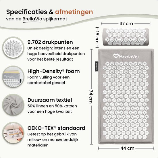 Tapis d'acupression avec coussin - BrellaVio - Gris - 74x44 cm - Tapis d'acupression - Lit d'ongles - Coussin d'acupuncture - Massage Shakti