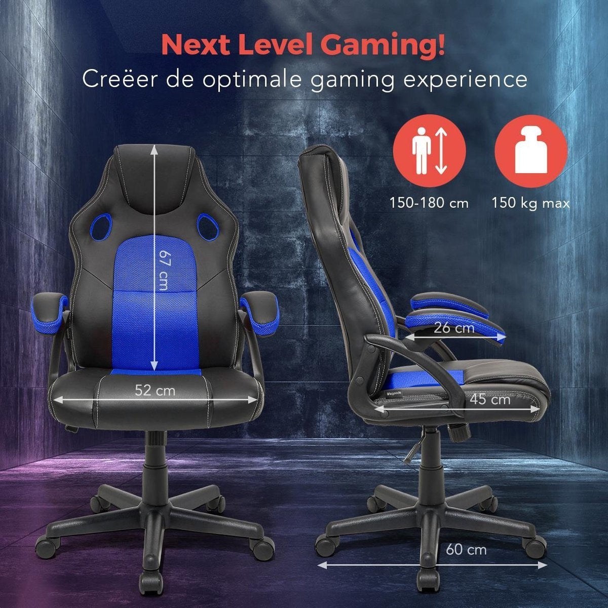 LifeGoods Chaise de jeu - Réglable - Chaise de jeu - Cuir synthétique - Bleu/Noir