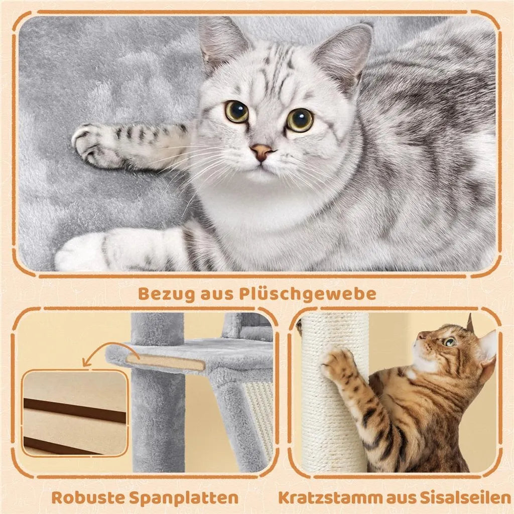 Arbre à chat Yaheetech 146 cm - avec 2 niches pour chats - 3 plateformes d'observation - gris clair