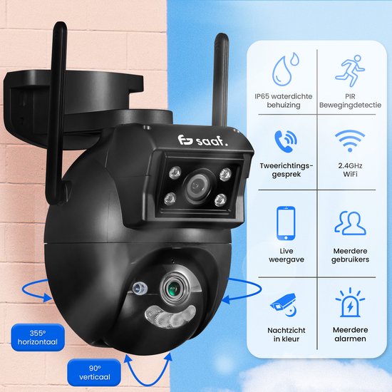 Caméra de sécurité extérieure - 2 pièces - Wifi et 256GB - Caméra extérieure avec vision nocturne - Double objectif - Noir - par Saaf