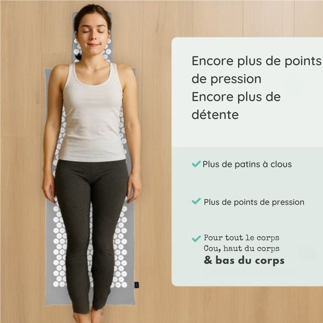 Tapis d'acupression XL LifeGoods - avec coussin - Tapis Shakti - Tapis pour ongles avec 2 balles pour points de déclenchement - 128x48x2cm - Gris/Blanc