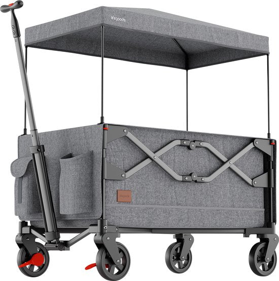 LifeGoods Wagon - pliable - transport d'enfants - avec toit - capacité de charge de 80 kg - chariot de plage - roues pivotantes - gris