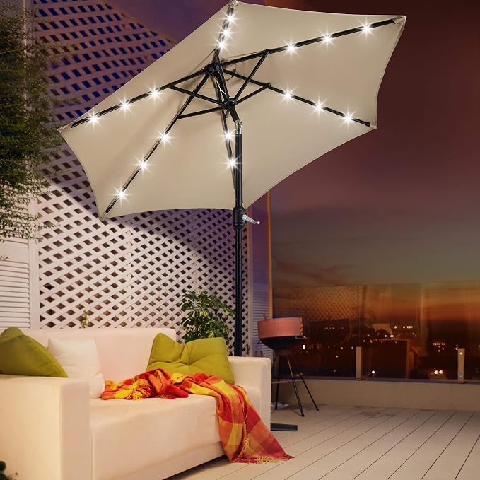 Parasol solaire Yaheetech Ø 230 cm avec pied remplissable - Beige - Parasol de jardin avec 18 LED, guirlande lumineuse et fonction d'inclinaison