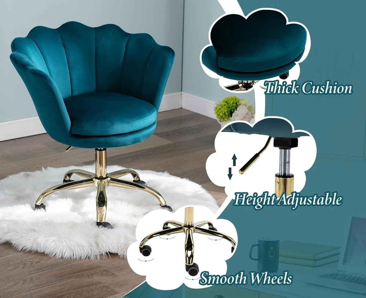 Chaise de bureau Ya-Home – Chaise de bureau design en velours en forme de fleur avec piètement doré – Réglable en hauteur