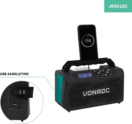 VONROC Radio de construction à batterie 20V - FM, bluetooth & USB - Haut-parleurs portatifs bass-reflex - Sans batterie ni chargeur rapide