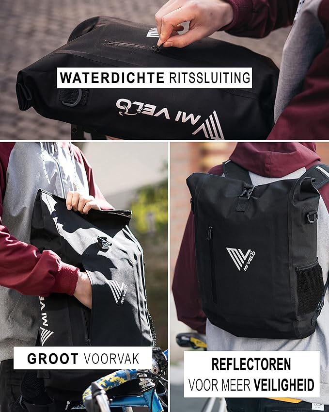 Mivelo Sac à vélo 3 en 1 - sac à dos vélo - sac à bandoulière étanche 100% sans PVC, avec compartiment pour ordinateur portable, sacoche pour tous types de porte-vélos - Noir