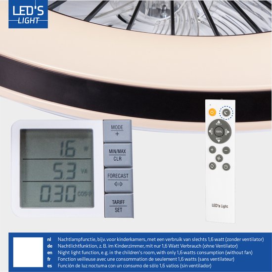 Ventilateur de plafond LED's Light avec lumières 48 cm - Vitesse de ventilation et télécommande - Plafonniers avec ventilateur et lampe - Noir