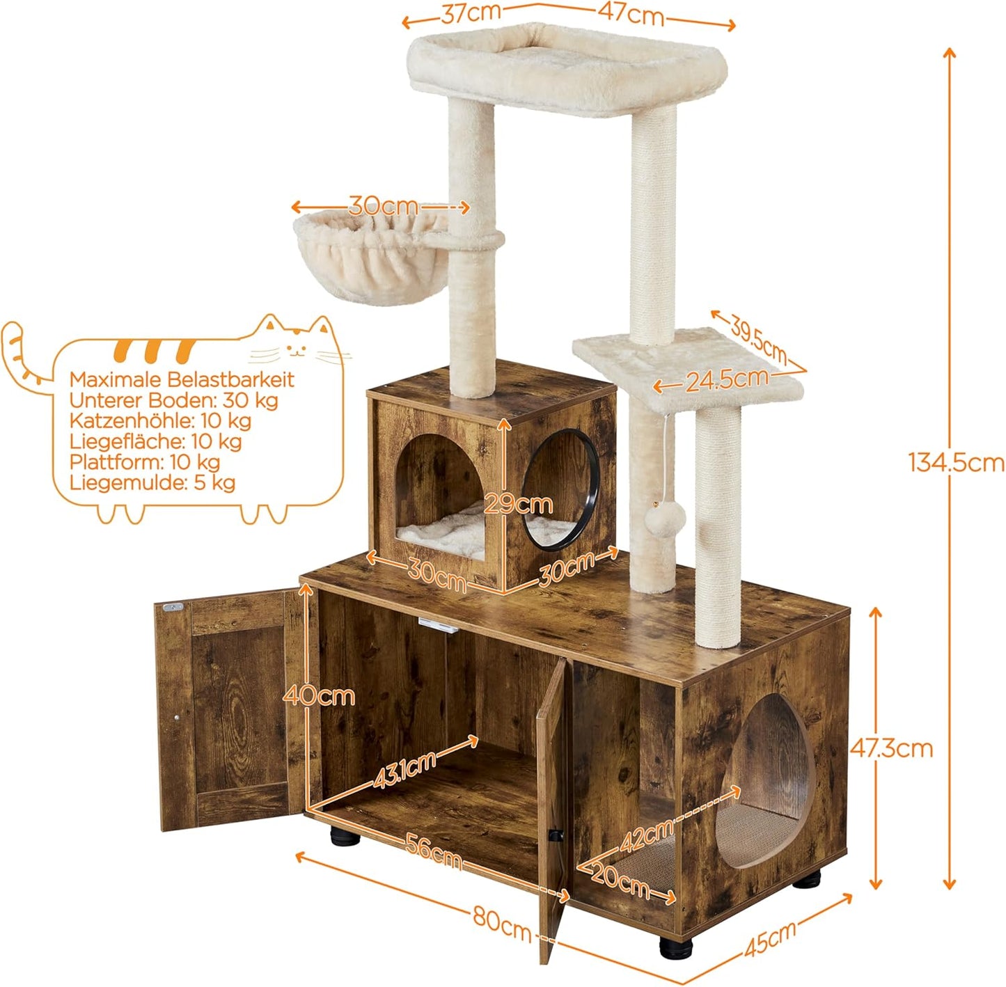 Arbre à chat Yaheetech - 134,5 cm avec bac à litière, cachette et couchette - Marron-beige vintage