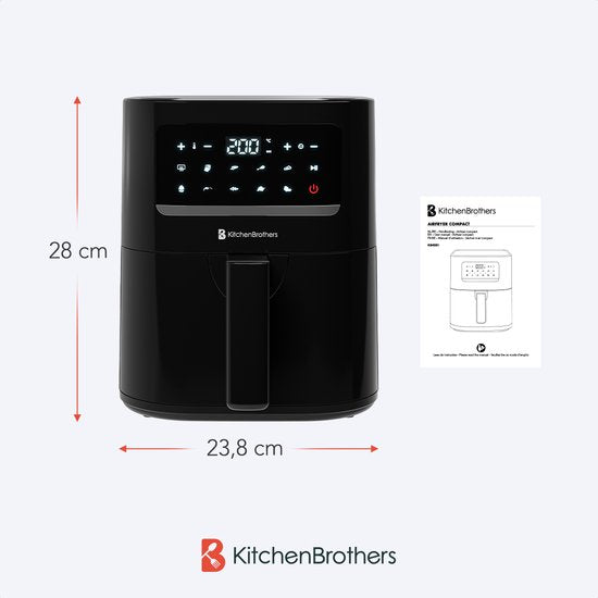 Airfryer - KitchenBrothers - 3.3L - 1400W - Friteuse à air chaud - 50ºC à 200ºC - Compacte - 10 Programmes de cuisson - Noir