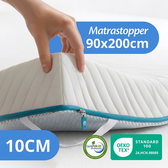 Ella Ergo Topper 90 x 200 cm - Surmatelas de 10 cm d'épaisseur - Surmatelas en mousse à mémoire de forme imprégnée de gel et mousse Aircell - Dureté moyenne