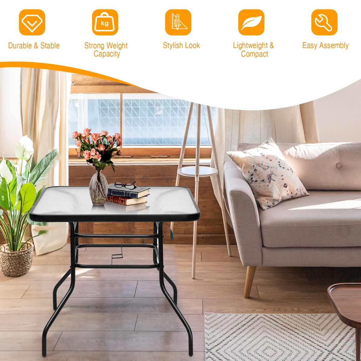 Table de terrasse rectangulaire Coast avec trou pour parasol - Verre trempé - 81 x 81 x 71 cm - Noir