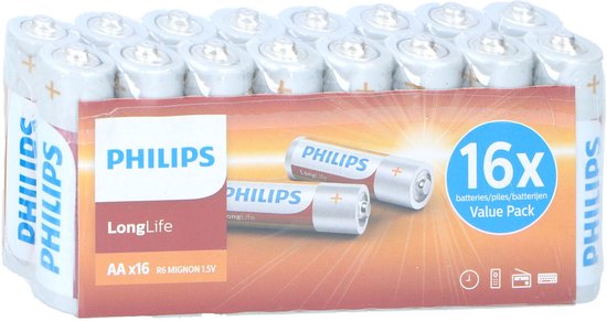 Piles Philips Longlife - AA - 16 pièces