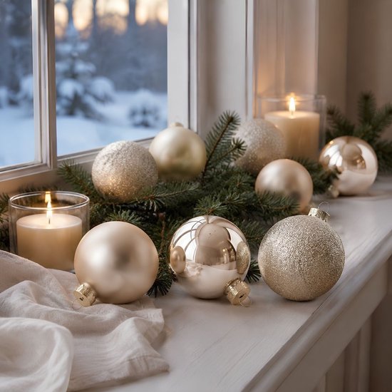 Boules de Noël Mica Decorations - 26 pièces - Décorations de Noël pour le sapin - Ornements brillants et pailletés - Pointes et boules de différentes tailles - Ø 7 cm - Crème