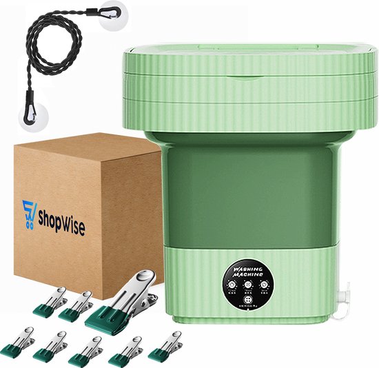 Mini laveuse ShopWise - pliable - économe en énergie - 8 pinces et corde à linge incluses - NOUVEAU modèle - Laveuse pour étudiant et camping - 10 litres - 3 étapes - moteur puissant - ensemble complet - vert