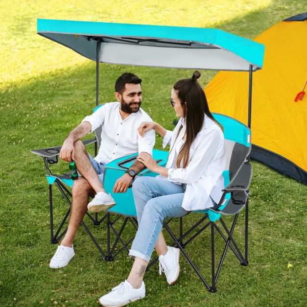 Chaise de camping de luxe pour 2 personnes avec auvent réglable, glacière et sac de transport - idéale pour les activités de plein air