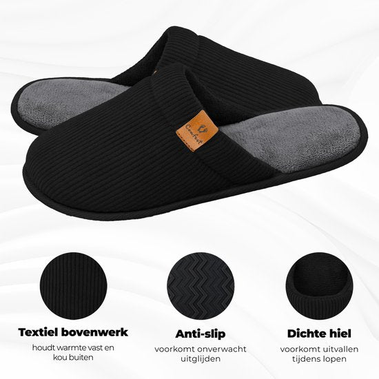Chaussons Hommes - Chaussons - Taille 44/45 - Noir - Velours côtelé - Antidérapant - Comfeet