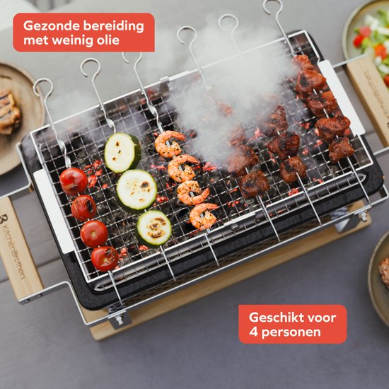 KitchenBrothers Kamado Hibachi Grill - Sans PFAS - Avec grille et bâtons - Barbecue au charbon de bois - Grill de table Shichirin - Barbecue rectangulaire - Barbecue en céramique - Noir