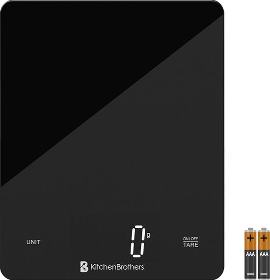 KitchenBrothers Kitchen scale - Balance de cuisine - Numérique - 1g à 10kg - Piles incluses - Verre/Noir