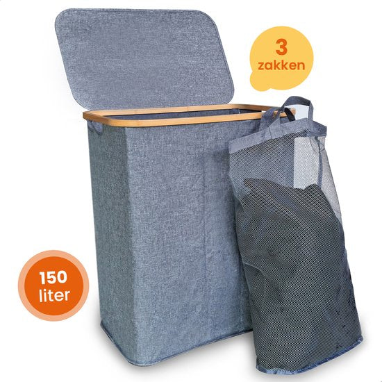 Goliving Trieur de linge 3 boîtes - 150L - Panier à linge pliable avec couvercle - 3 sacs amovibles avec étiquettes de couleur - 57 x 37 x 66 cm - Gris
