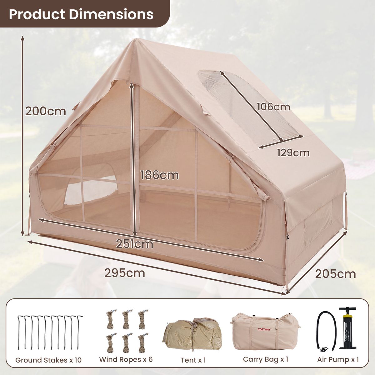 Tente de camping gonflable Coast - 4 personnes - 2 portes et lucarne - kaki - 295 x 205 x 200 cm