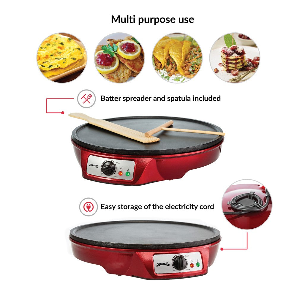 Crêpière Gadgy, Thermostat réglable, Ø30CM, 1000W, Spatule et diviseur de pâte, Rouge