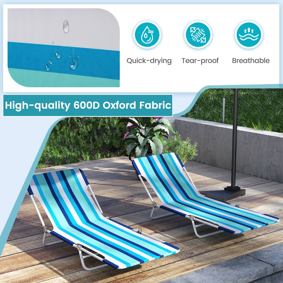 Chaise longue pliable Coast en 2 parties - Réglable sur 5 positions - Bleu marine - 186 x 55 x 30 cm