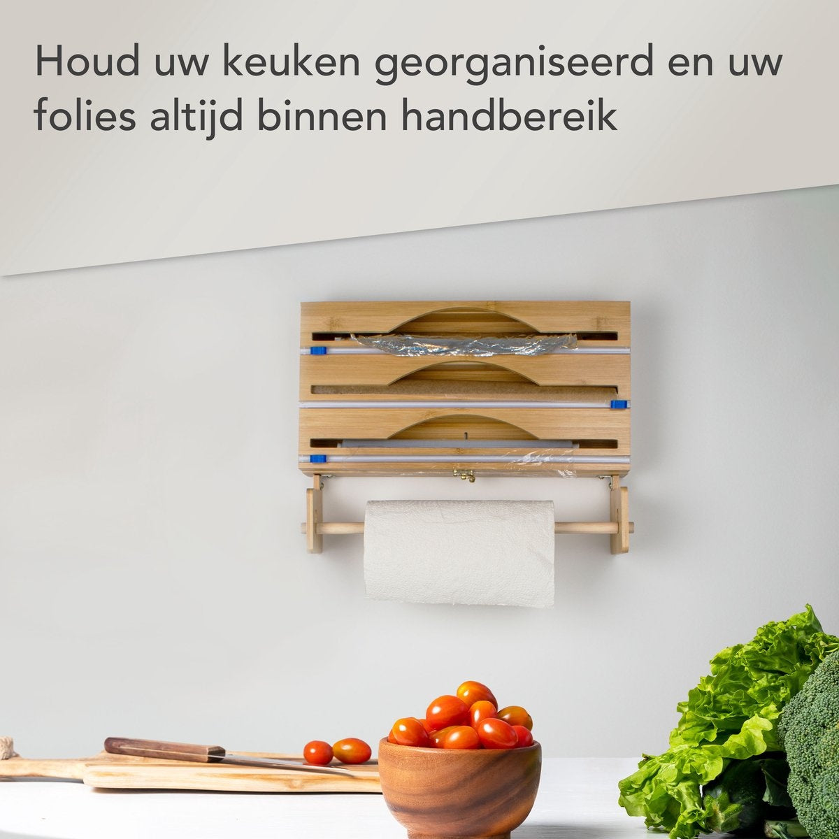 Nimma Roll Holder - Porte-rouleau de cuisine et porte-film en 1 - Système de suspension et coupe-film inclus - Convient pour 3 rouleaux de film - Bambou