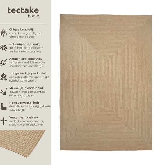 tectake® Tapis tressé - Style Boho - Tapis en jute pour l'intérieur et l'extérieur - Durable, facile d'entretien, indéformable et anti-allergique - Tapis vintage - Tailles div. - 200x290 cm