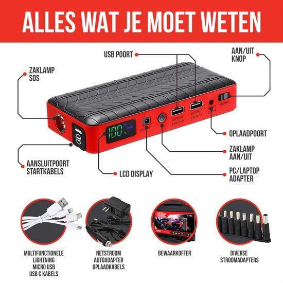 Démarreur de voiture - Strex - 12V J– 1000A / 18 000 mAh – avec powerbank, lampe de poche LED et lumière SOS d'urgence – Avec mallette de rangement