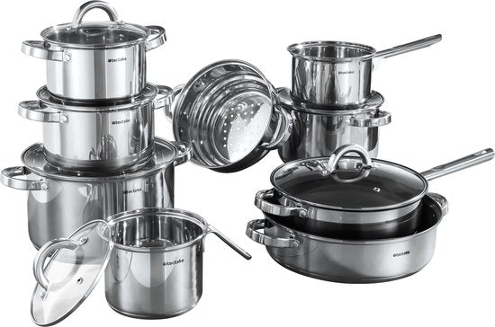 tectake® Set de casseroles - acier inoxydable - Convient à la cuisson par induction, au gaz et à l'électricité - 15 pièces - Lavable au lave-vaisselle - Pour la maison ou le camping - Poêles avec couvercles