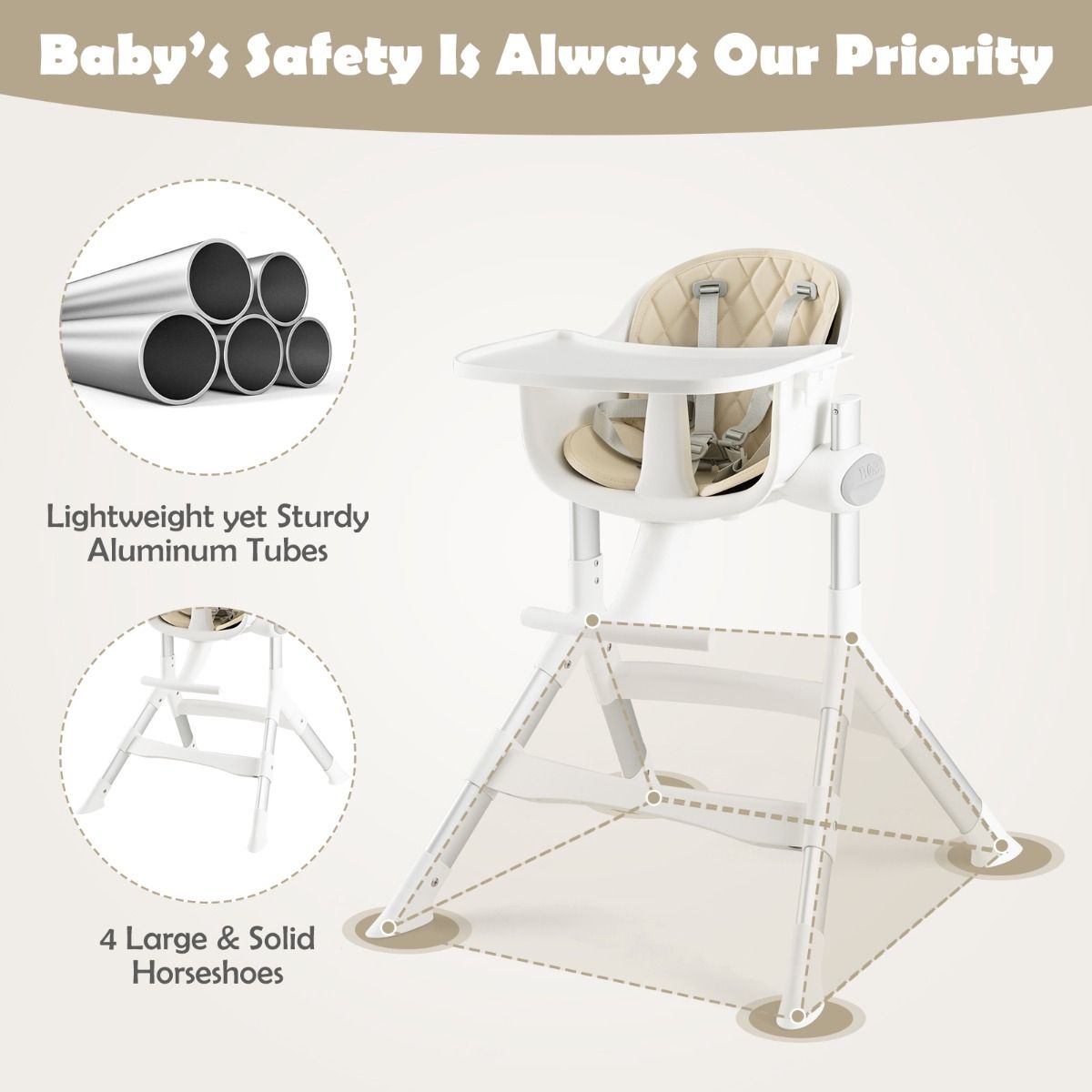 Coast - Chaise haute convertible 4-en-1 - 5 positions, plateau réglable, 6-36 mois - 62 x 72 x 87 cm - Aluminium/PP - Beige/White