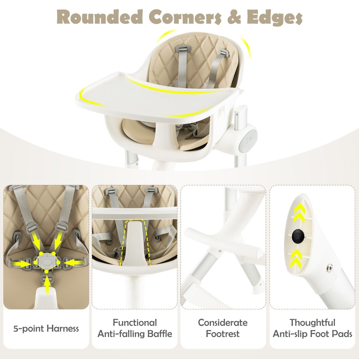 Coast - Chaise haute convertible 4-en-1 - 5 positions, plateau réglable, 6-36 mois - 62 x 72 x 87 cm - Aluminium/PP - Beige/White