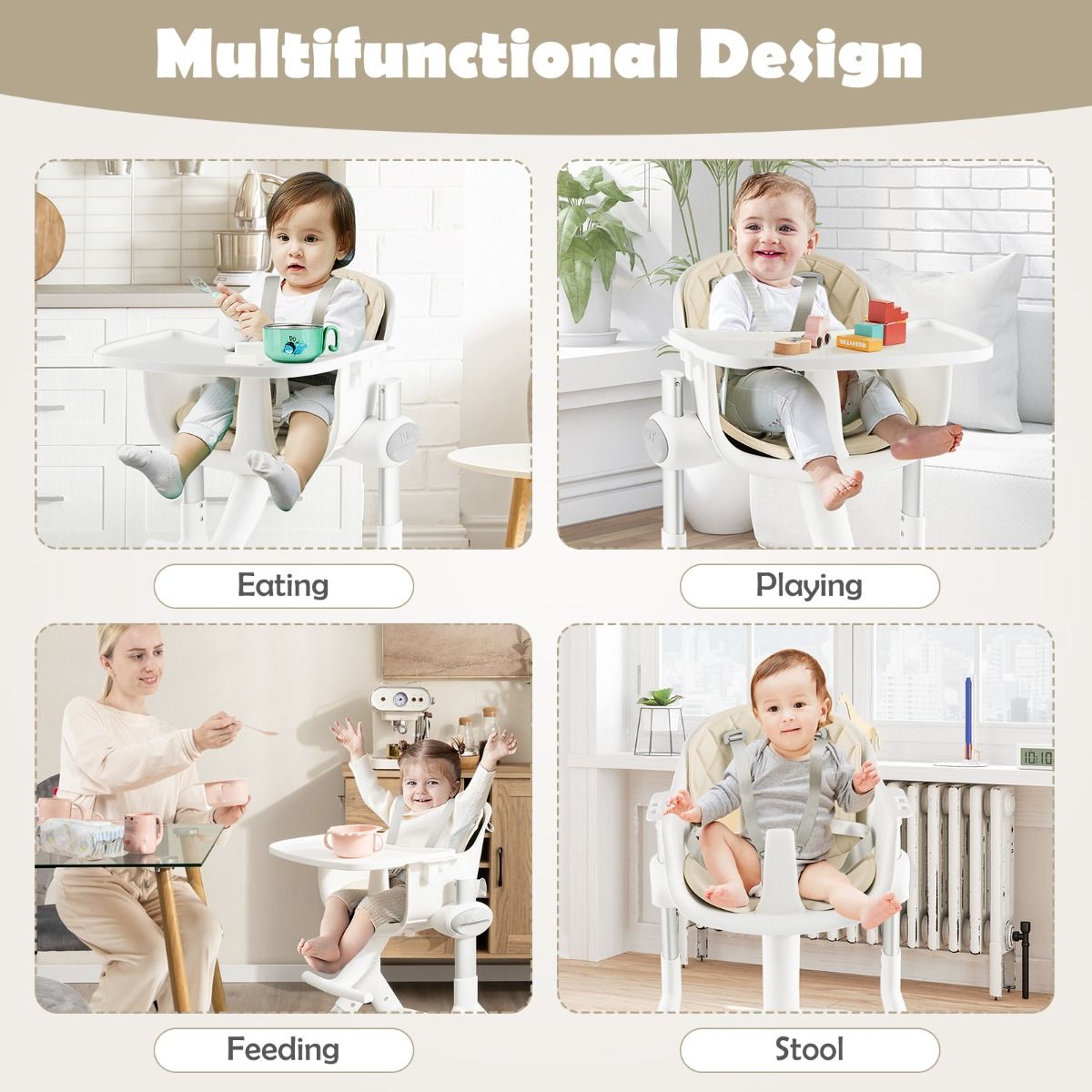 Coast - Chaise haute convertible 4-en-1 - 5 positions, plateau réglable, 6-36 mois - 62 x 72 x 87 cm - Aluminium/PP - Beige/White