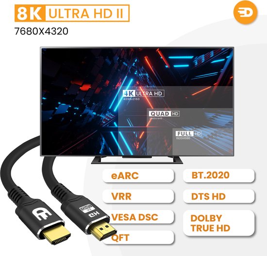 Drivv. Câble HDMI Premium 2.1 - Ultra HD 8K - HDMI vers HDMI - Convient à Xbox Series X & PS5 - 3 mètres - Noir