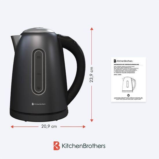 Bouilloire - KitchenBrothers  - Avec contrôle de la température - Électrique - Avec filtre à chaux - 1,7L - Noir/RVS