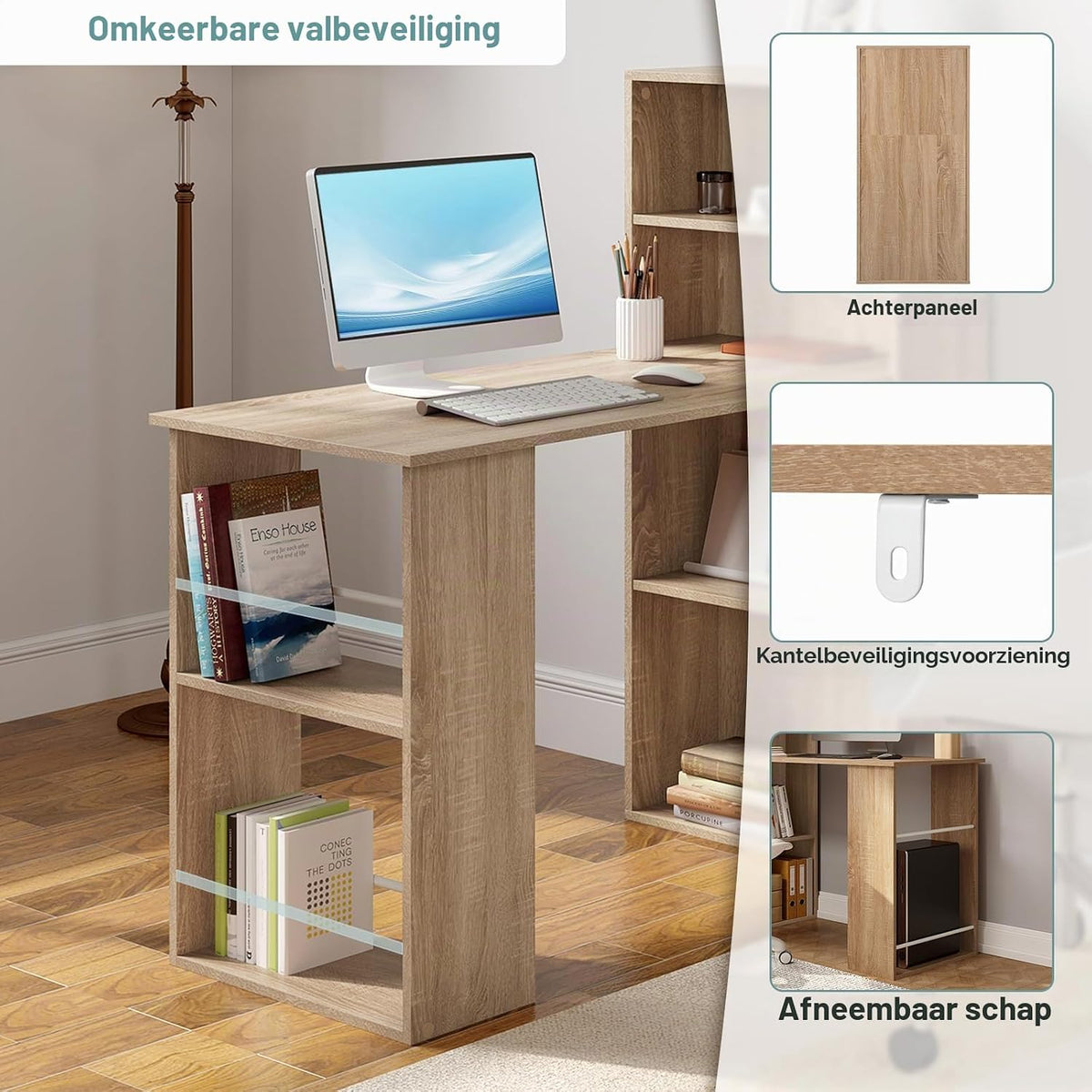 Bureau eSituro avec bibliothèque et étagères 122 x 55 x 120 cm - Bois clair - Peu encombrant