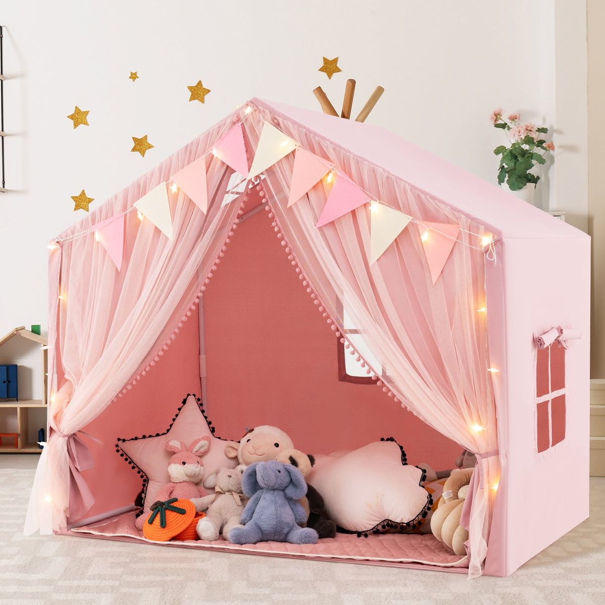 Tente de jeu pour enfants Coast - avec rideaux et guirlande lumineuse en forme d'étoiles - grande tente de jeu - rose