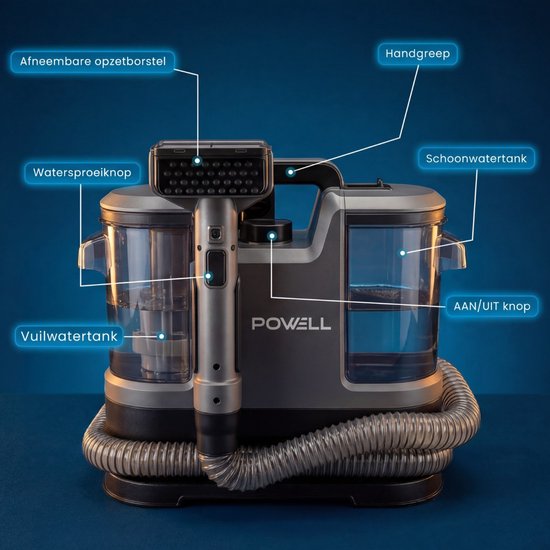 Nettoyeur de tapis Powell - Détachant - Nettoyeur de canapés - Nettoyeur de meubles - Nettoyeur de tapis et aspirateur - Machine de nettoyage - Nettoyeur de tapis - 600 watts - Gris